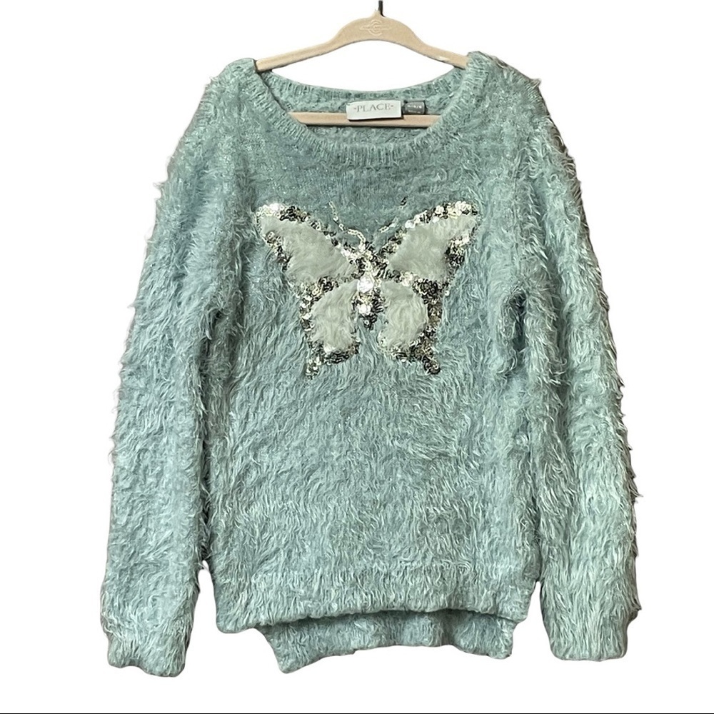 Sequin butterfly pastel blue eyelash sweater long sleeve size girls S (5-6)